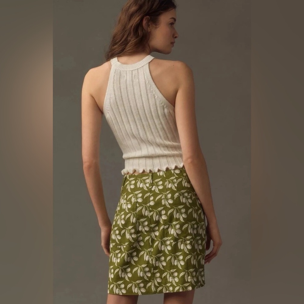New Anthropologie The Colette Linen Mini Skirt Printed High Rise Green White XS - Picture 3 of 12
